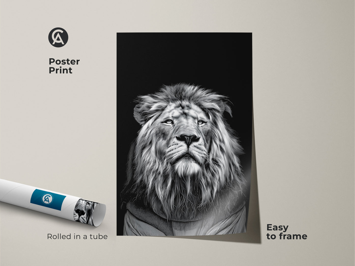 Poster print of a realistic monochrome lion portrait rolled in a tube. This black and white lion canvas is easy to frame. A perfect wildlife animal art decor for any space. This modern home decor print is an ideal animal lover gift. The king of jungle artwork brings a safari theme.