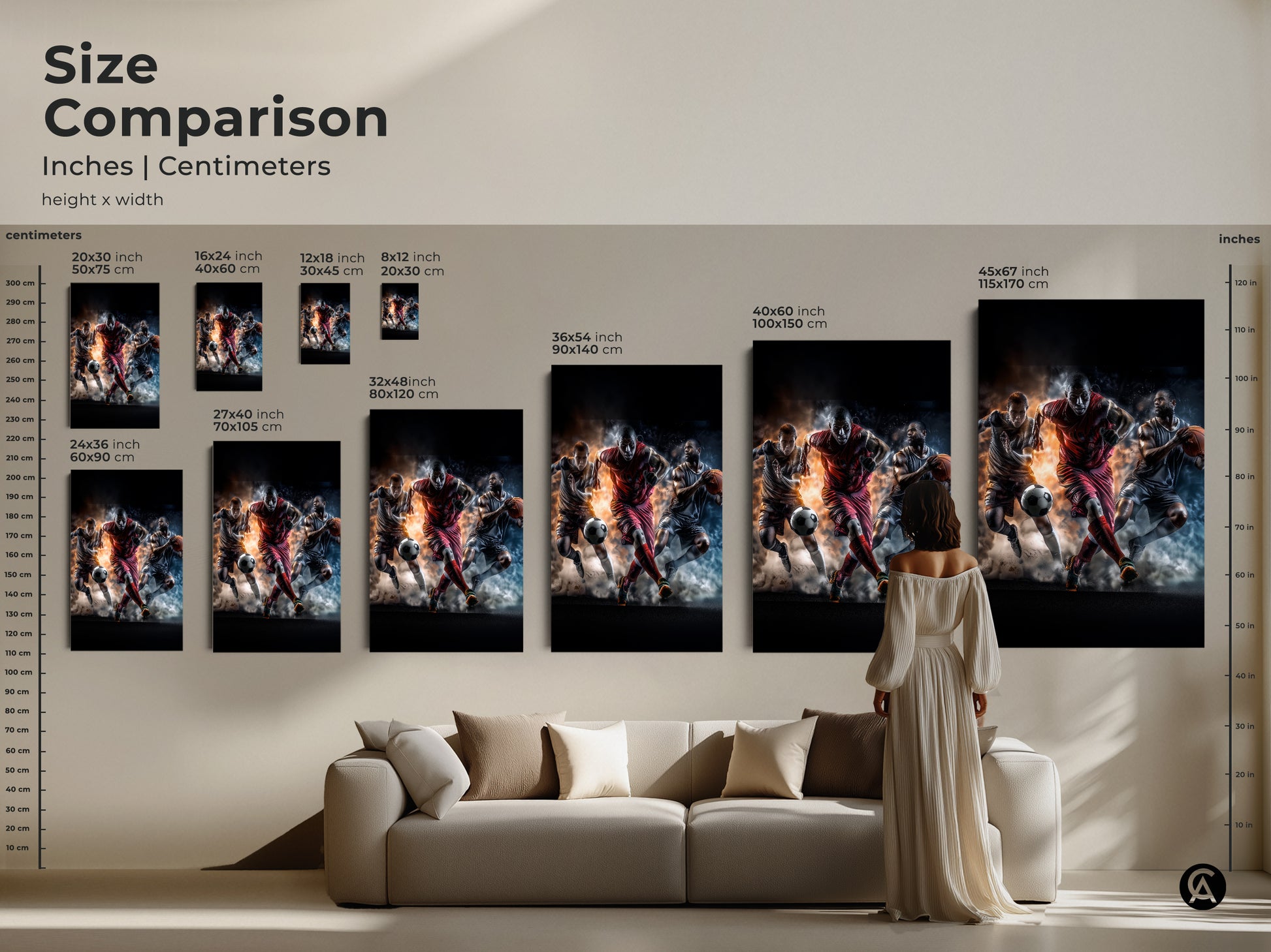 Size comparison of art prints in inches and centimeters. See how different sizes fit above a sofa in a living room setting. Choose the best artwork dimensions for your home.