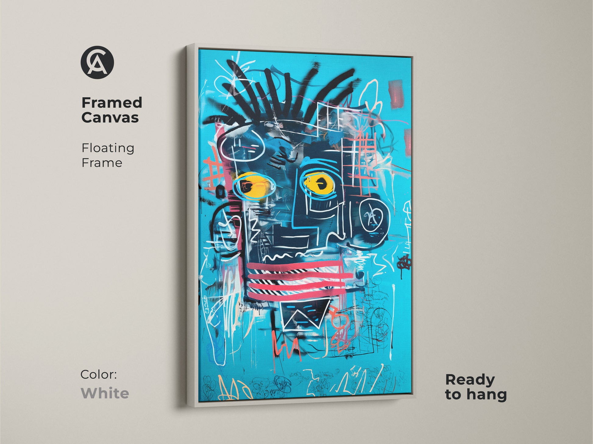 Framed abstract face canvas artwork with a clean white floating frame. The turquoise blue and black graffiti art makes an eclectic statement. A neo-expressionism portrait enhances modern decor. This canvas print is ready to hang. It is perfect for collectors and adds style.