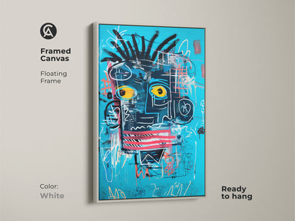 Framed abstract face canvas artwork with a clean white floating frame. The turquoise blue and black graffiti art makes an eclectic statement. A neo-expressionism portrait enhances modern decor. This canvas print is ready to hang. It is perfect for collectors and adds style.