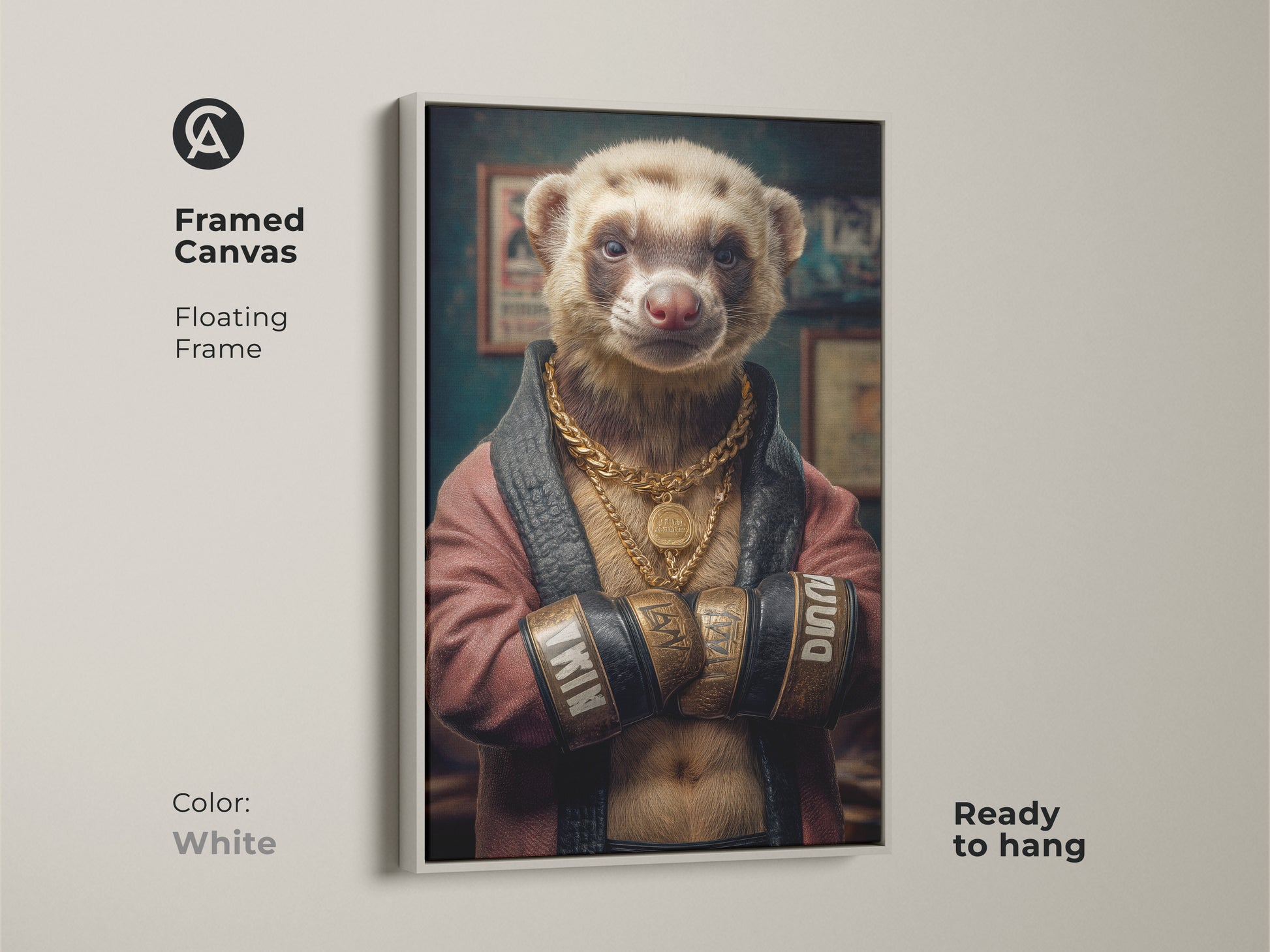 Framed canvas print of a dapper ferret boxer in a white frame. The floating frame showcases the humorous office decor. This quirky animal art is ready to hang. It is a unique animal portrait. The pop culture canvas print adds fun to any space and it is great as a gift.