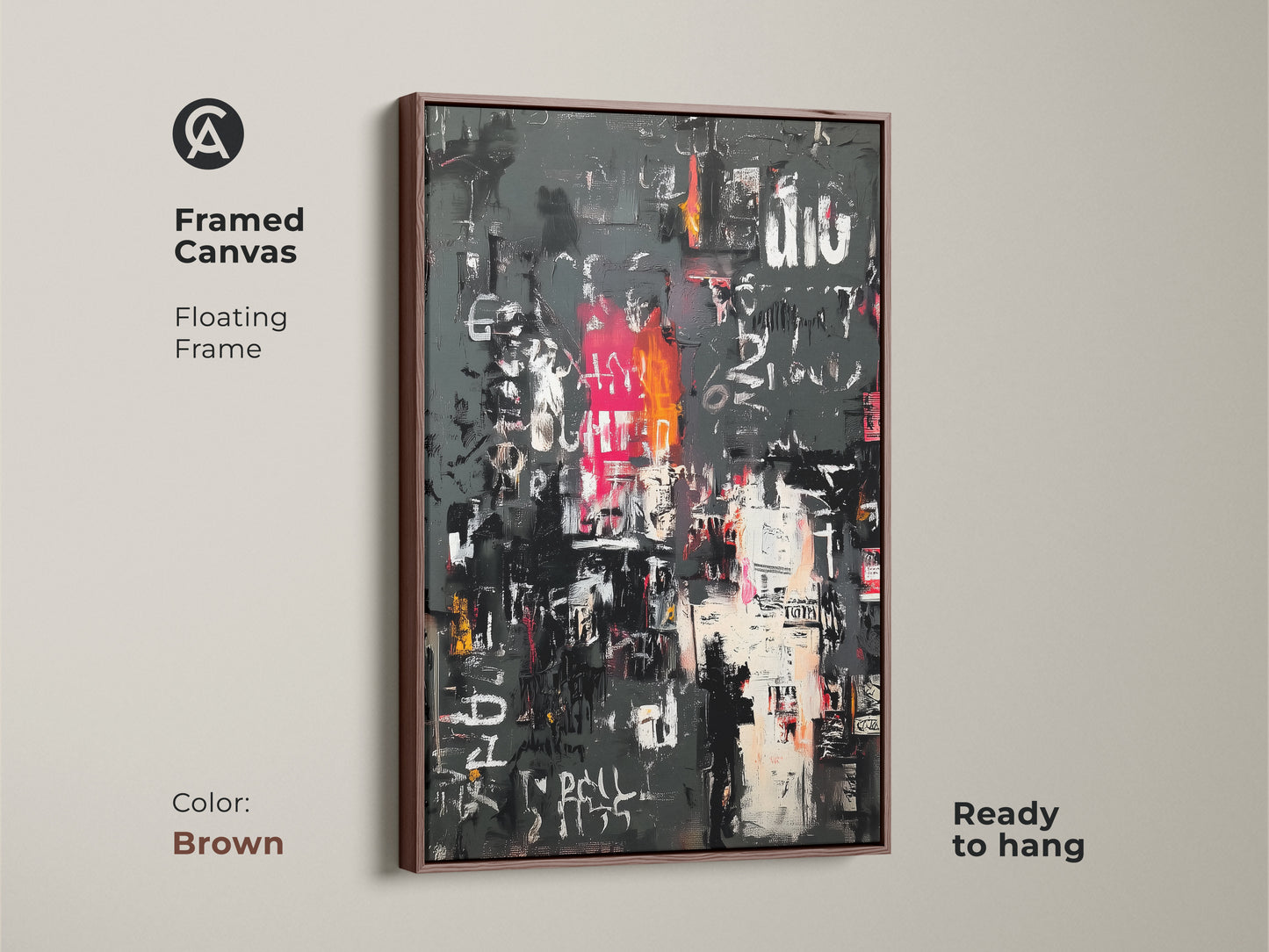 Framed canvas featuring abstract urban collage art. The warm brown frame complements the artwork. This piece is ready to hang. The brown frame adds a rustic touch to the modern art. Shop now for unique decor.