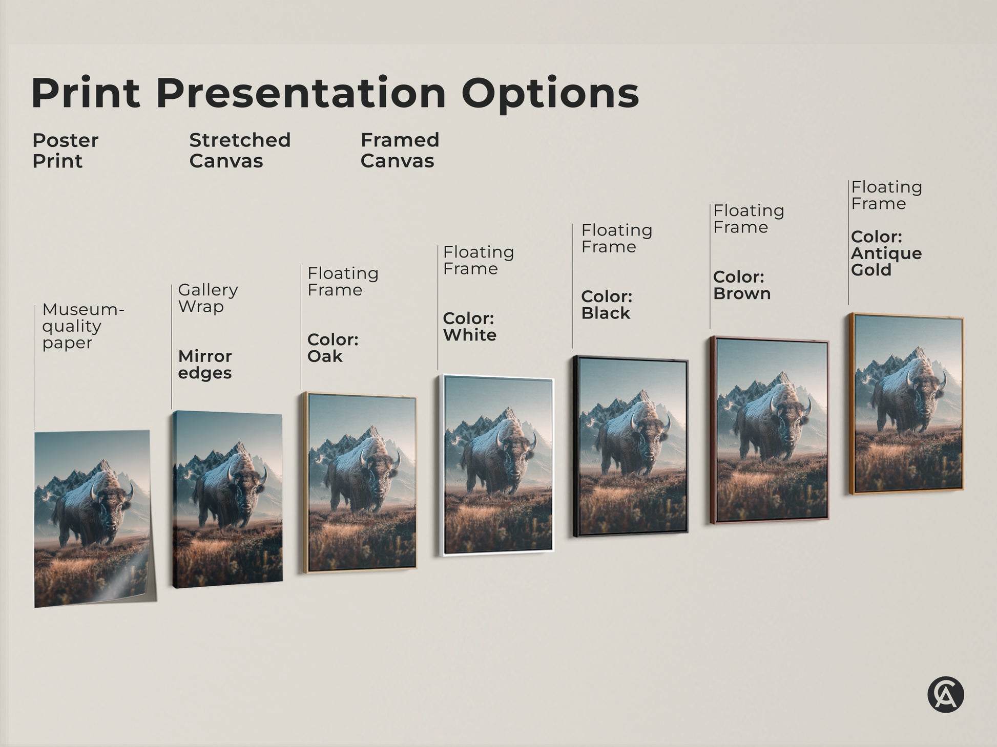 Explore bison canvas art print options. Choose from poster stretched or framed canvases. Personalize your wildlife artwork with black brown antique gold or oak frames. Find the perfect print presentation today.