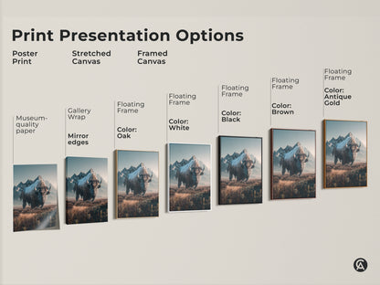 Explore bison canvas art print options. Choose from poster stretched or framed canvases. Personalize your wildlife artwork with black brown antique gold or oak frames. Find the perfect print presentation today.