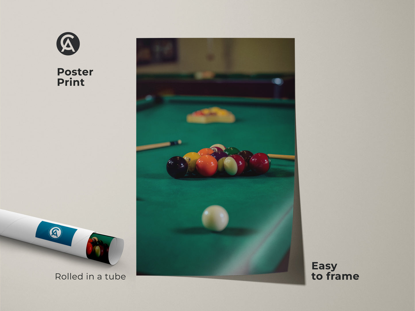 Poster print features billiard balls on an emerald green pool table. Easy to frame this sports wall art is perfect for a game room or bar area. This billiard balls art is a unique gift for pool players adding a touch of leisure.
