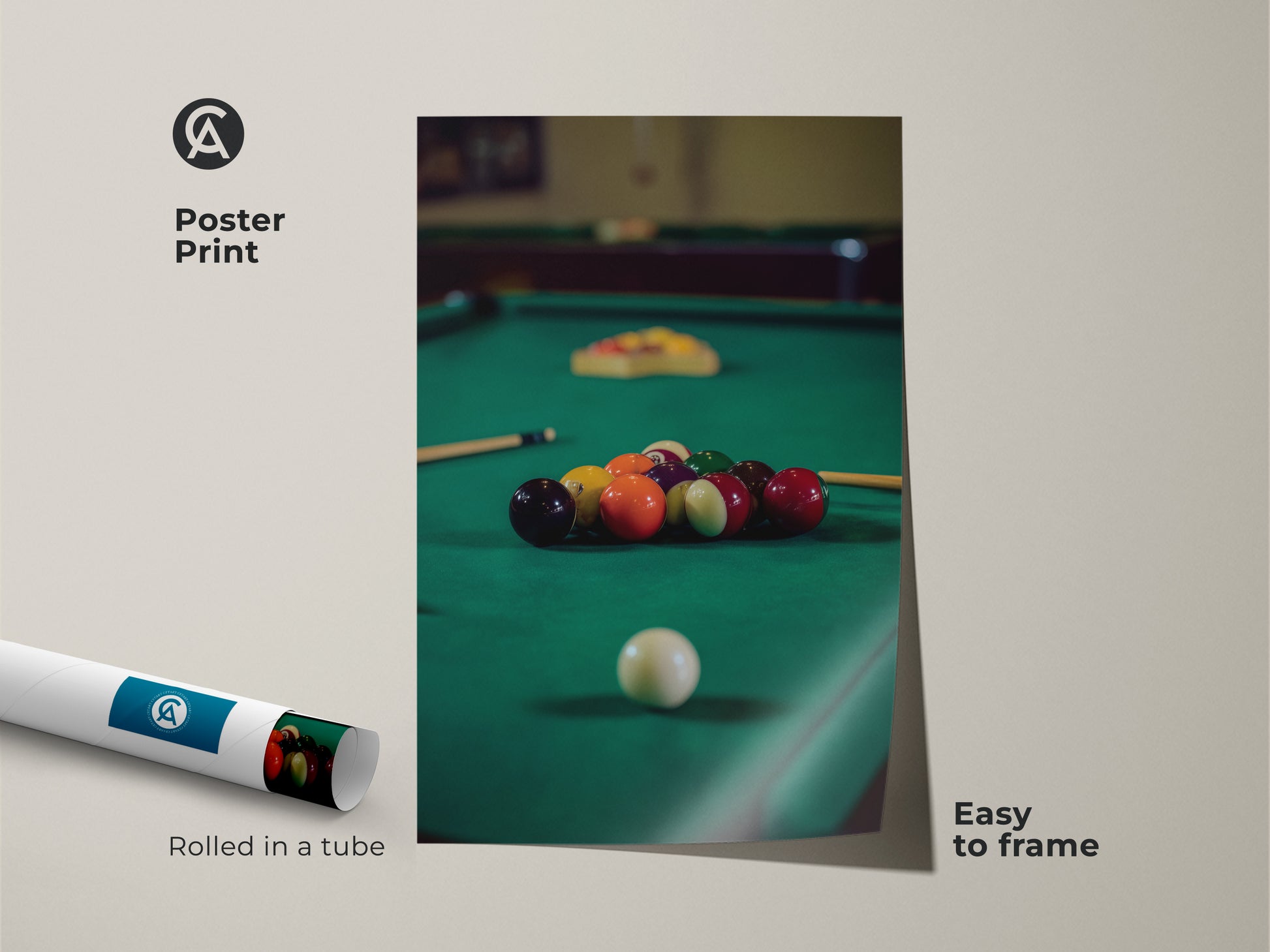 Poster print features billiard balls on an emerald green pool table. Easy to frame this sports wall art is perfect for a game room or bar area. This billiard balls art is a unique gift for pool players adding a touch of leisure.