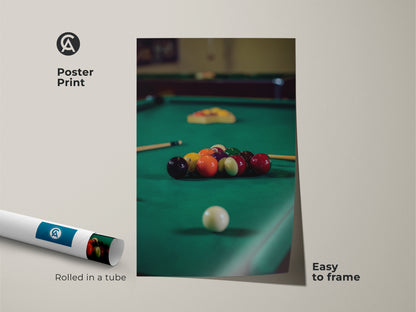 Poster print features billiard balls on an emerald green pool table. Easy to frame this sports wall art is perfect for a game room or bar area. This billiard balls art is a unique gift for pool players adding a touch of leisure.