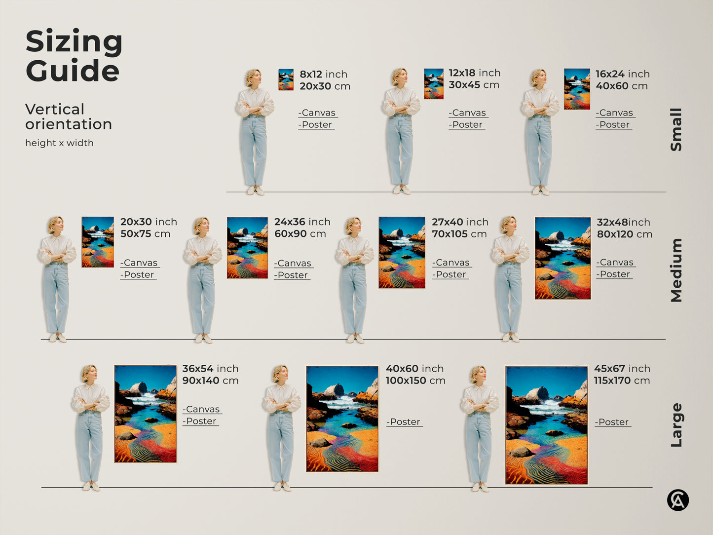 Sizing guide showcasing vertical orientations. Art canvas and poster prints available in small medium and large. Rocky coastline art brings ocean wave art. Coastal home decor in blue aqua and orange.