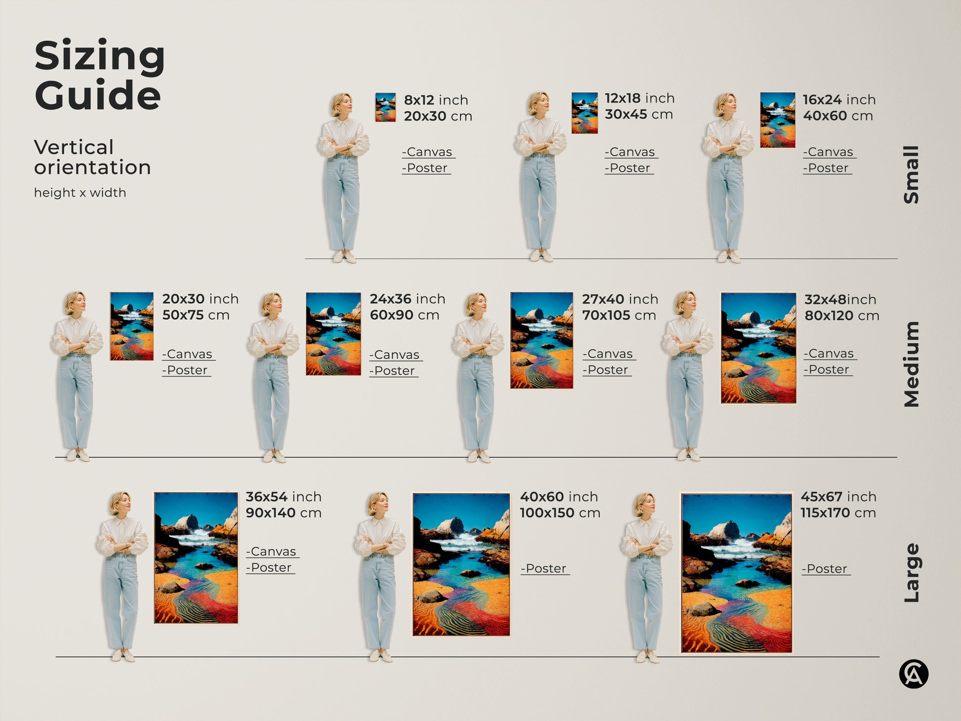 Sizing guide showcasing vertical orientations. Art canvas and poster prints available in small medium and large. Rocky coastline art brings ocean wave art. Coastal home decor in blue aqua and orange.