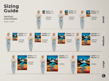Sizing guide showcasing vertical orientations. Art canvas and poster prints available in small medium and large. Rocky coastline art brings ocean wave art. Coastal home decor in blue aqua and orange.