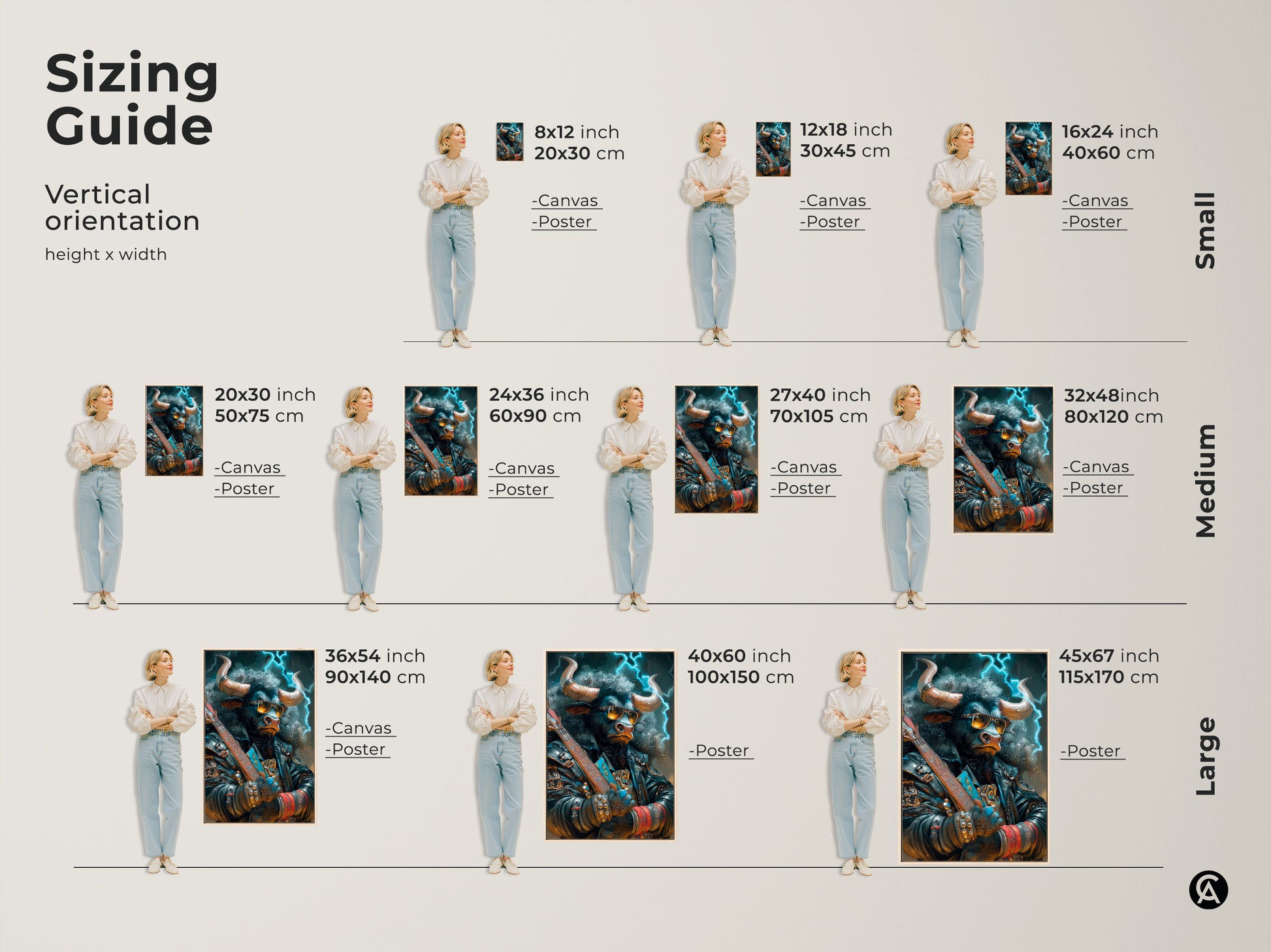A sizing guide for vertical artwork is shown. Canvas and poster prints are available in small medium and large sizes. Find the perfect size for your space. Consider 8x12 to 45x67 inches.
