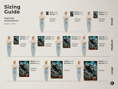 A sizing guide for vertical artwork is shown. Canvas and poster prints are available in small medium and large sizes. Find the perfect size for your space. Consider 8x12 to 45x67 inches.