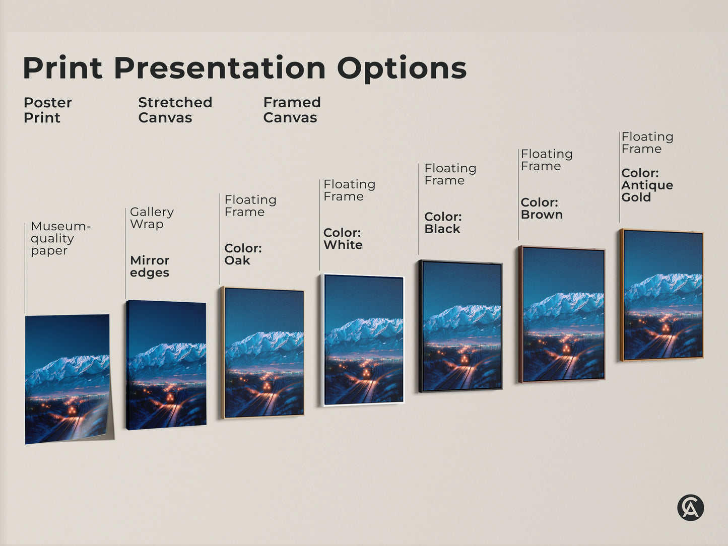 Various print presentation options. Includes poster prints stretched canvas and framed canvas. Choose from floating frames in black brown antique gold and white. Find the perfect style for your indigo mountains train art.