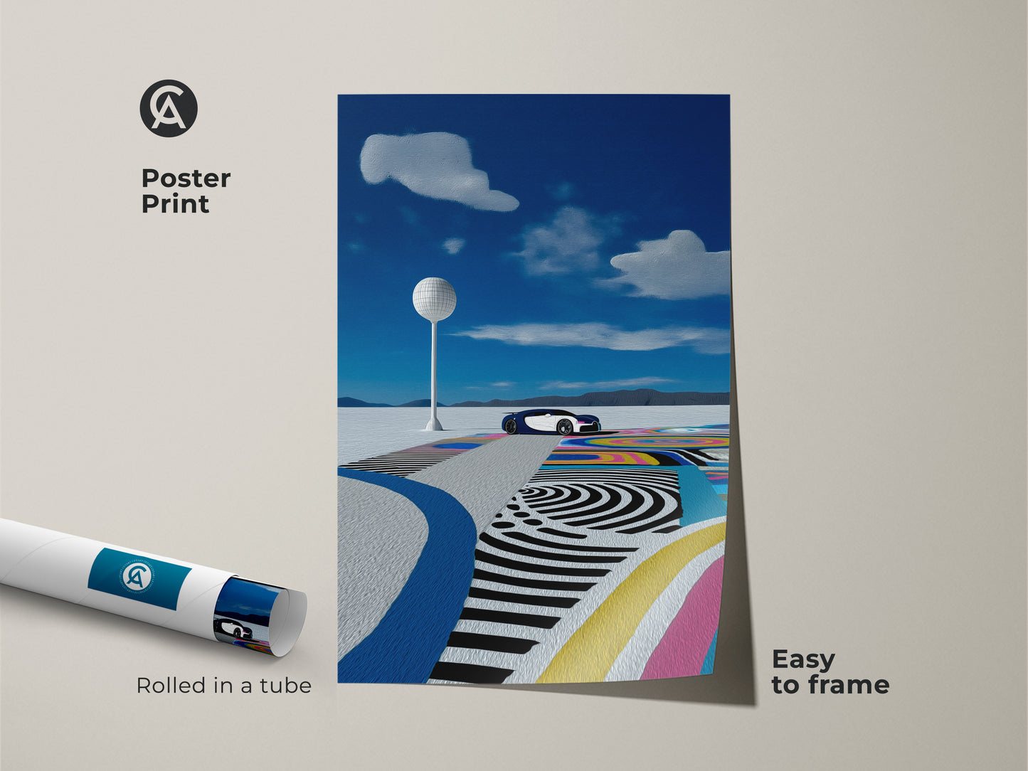 Easy-to-frame poster print featuring a futuristic car in a surreal desert setting. This modern automotive artwork combines electric blue and teal. Rolled in a tube for safe delivery. It is a unique piece of wall decor. This abstract road pattern art adds color to any room.
