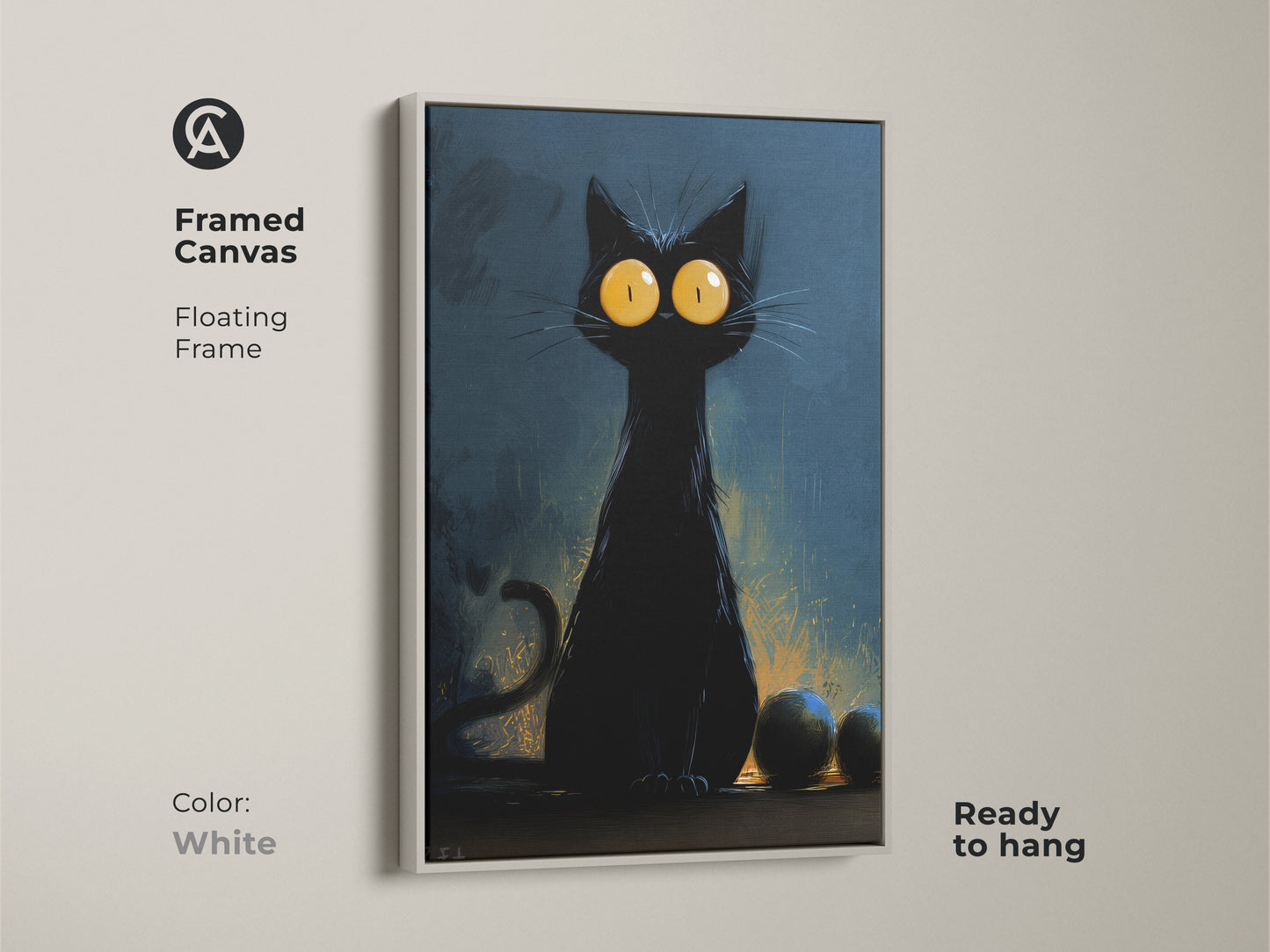A framed black cat artwork with a white floating frame. This Halloween cat print is perfect for eclectic home decor. It's a great gift idea for cat lovers. The big yellow eyes make this artwork pop.