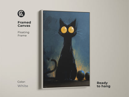 A framed black cat artwork with a white floating frame. This Halloween cat print is perfect for eclectic home decor. It's a great gift idea for cat lovers. The big yellow eyes make this artwork pop.
