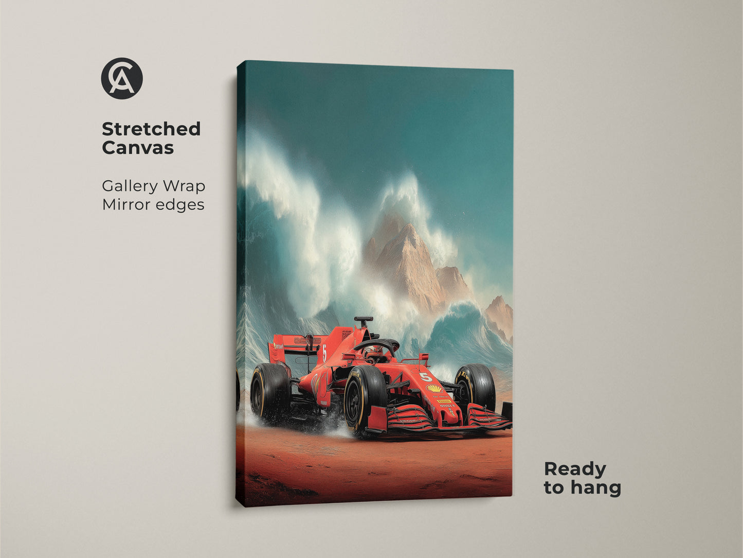 See the red Formula 1 car artwork displayed as a stretched canvas. This gallery-wrapped canvas features mirrored edges for a clean look. The dynamic motion F1 print is ready to hang. Perfect for adding a touch of speed to your walls. The mountain landscape art enhances your decor.
