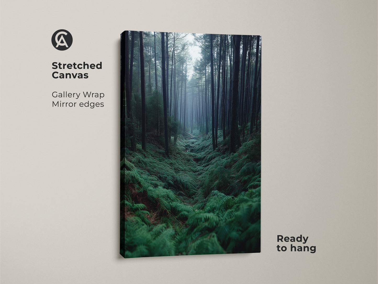 Stretched canvas of Misty Pine Forest Wall Art. This emerald green fern canvas print is ready to hang. It's ideal nature inspired bedroom decor. The gallery wrap has mirror edges.
