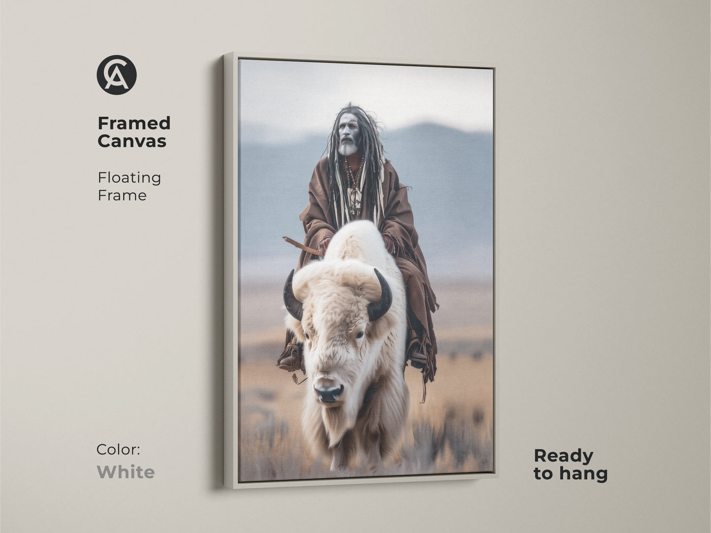 Create a serene atmosphere with this framed canvas art. The art shows a Native American figure riding a white buffalo. The artwork features a floating white frame. It is ready to hang. This piece offers a clean modern aesthetic.