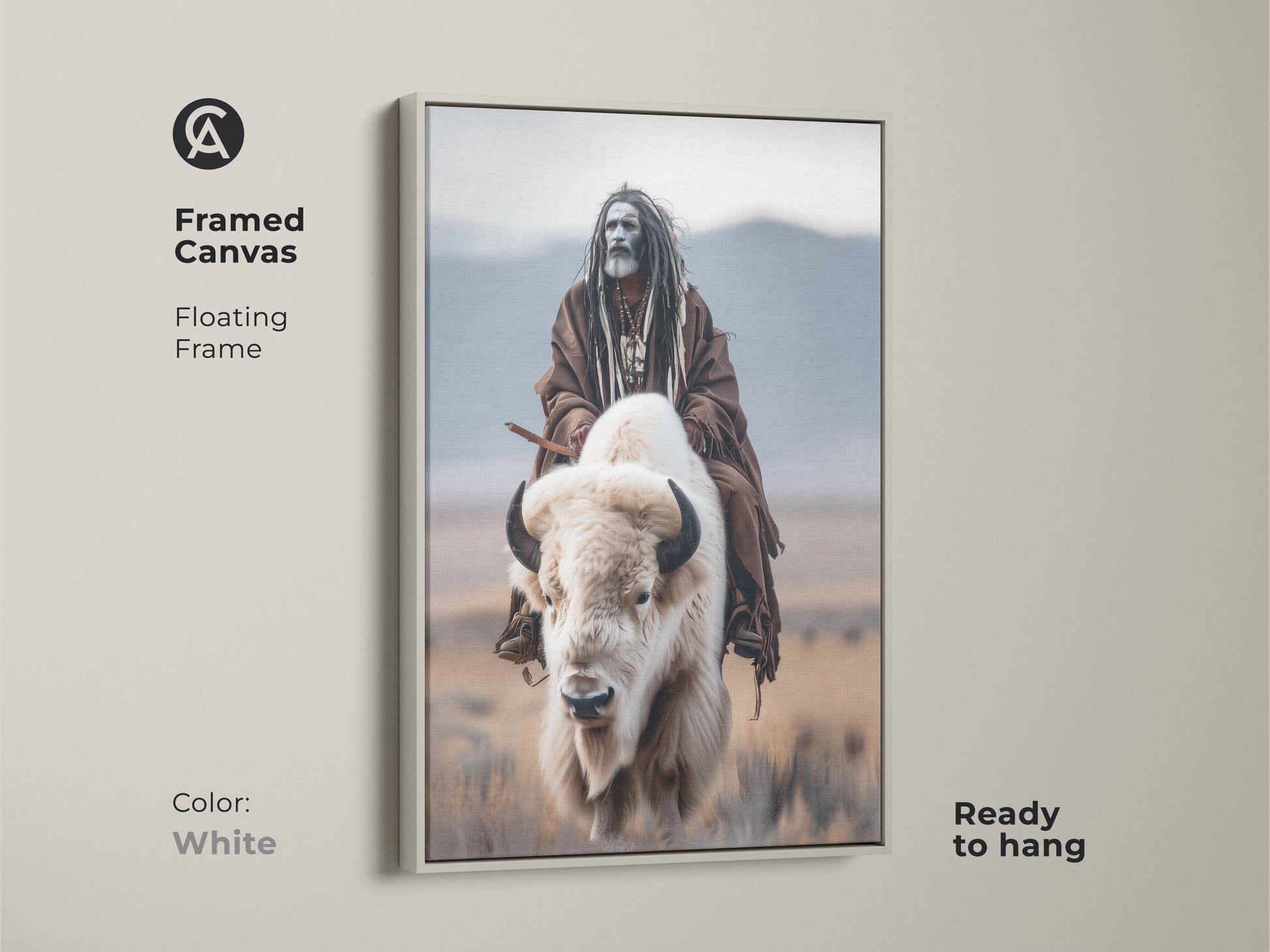 Create a serene atmosphere with this framed canvas art. The art shows a Native American figure riding a white buffalo. The artwork features a floating white frame. It is ready to hang. This piece offers a clean modern aesthetic.