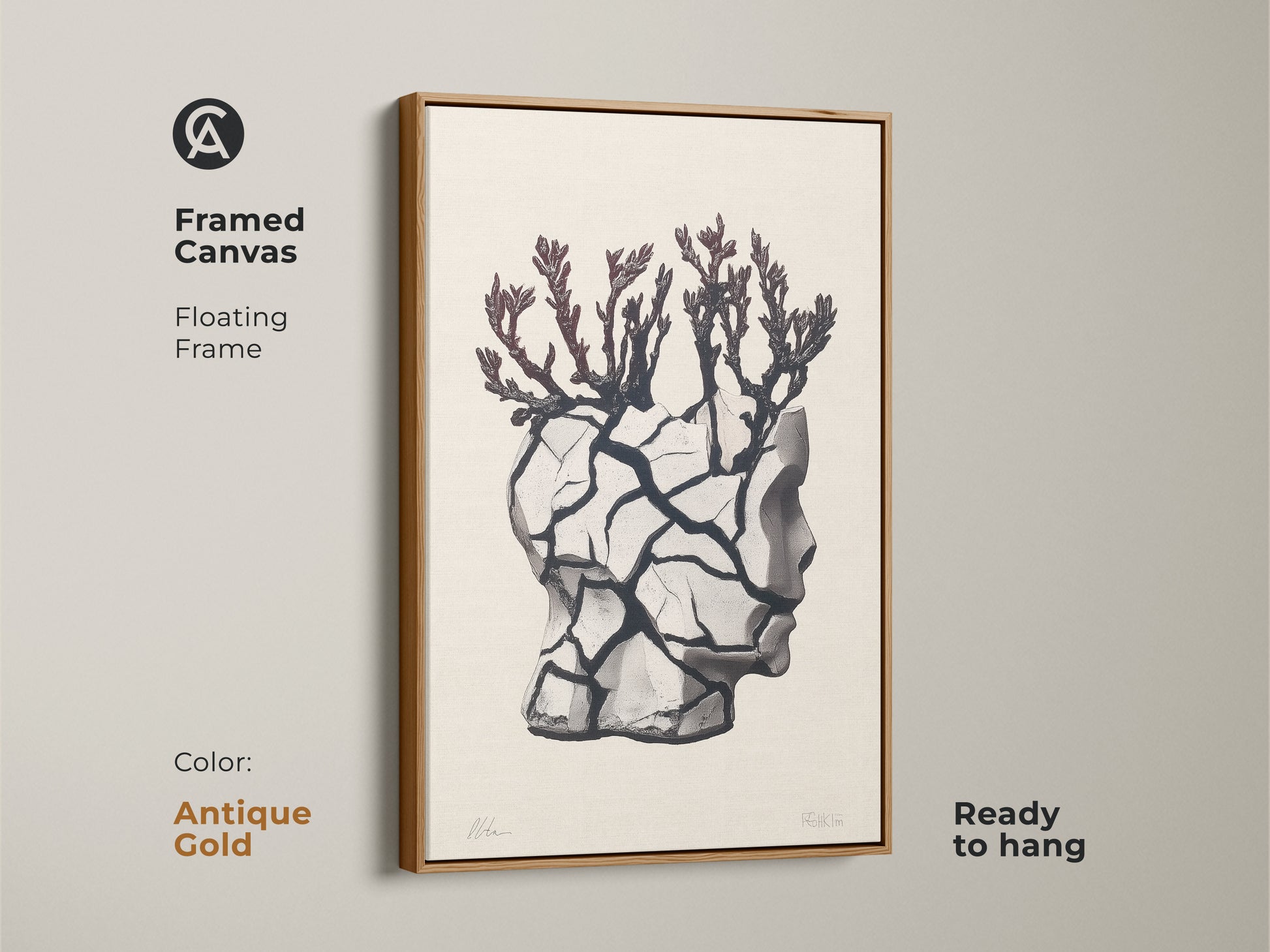 Antique gold framed canvas featuring surreal head sculpture. Conceptual figurative artwork includes a branch motif. Perfect gothic figurative print for an eclectic beige wall. Ready to hang floating framed canvas adds contemporary conceptual artwork. It serves as textured beige art print.