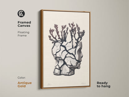 Antique gold framed canvas featuring surreal head sculpture. Conceptual figurative artwork includes a branch motif. Perfect gothic figurative print for an eclectic beige wall. Ready to hang floating framed canvas adds contemporary conceptual artwork. It serves as textured beige art print.