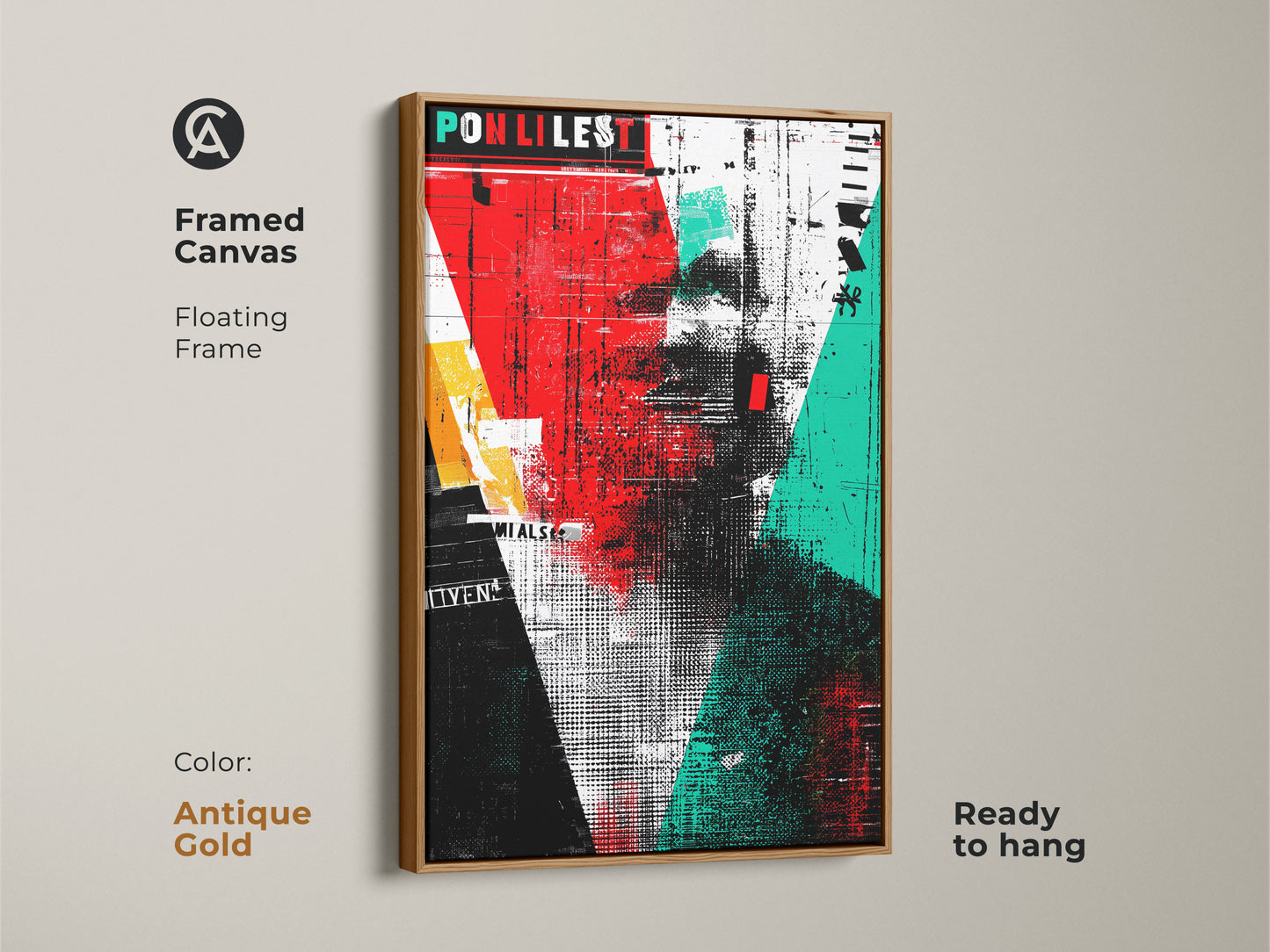 Framed canvas featuring abstract typography wall art with a floating antique gold frame. The grunge portrait canvas print displays red black and teal art decor. Ready to hang this eclectic collage artwork enhances any room. A contemporary portrait art piece.