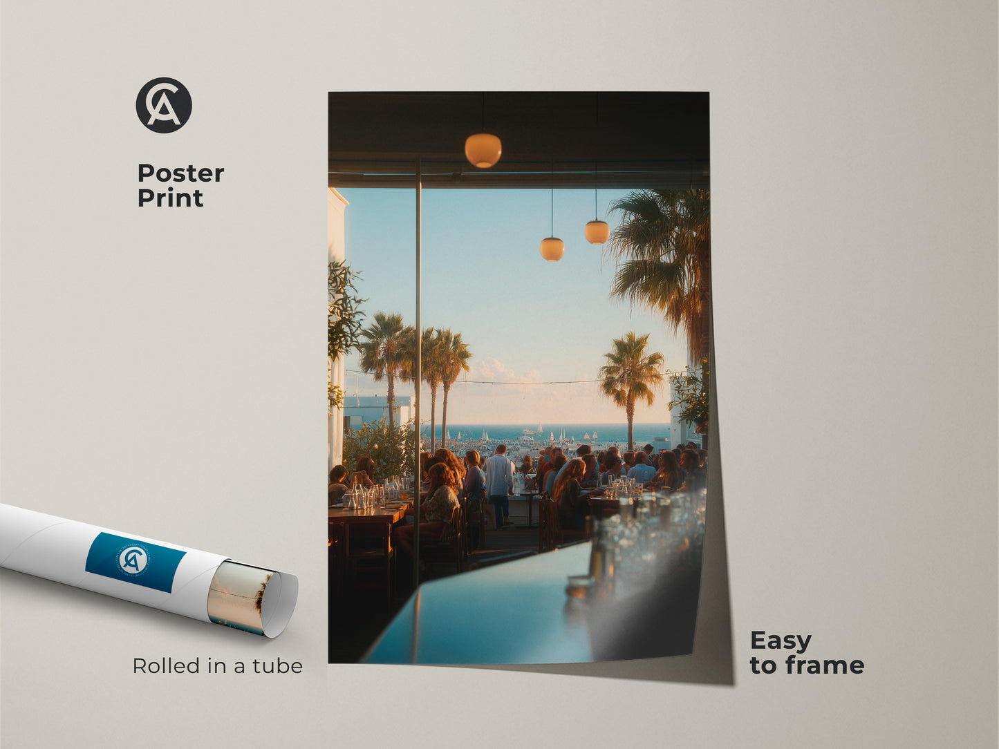 Poster print artwork of an inviting restaurant scene with palm trees. Rolled in a tube this easy to frame print brings a touch of paradise to your walls. The coastal view adds a sense of tranquility. Ideal for adding a stylish touch to any room.