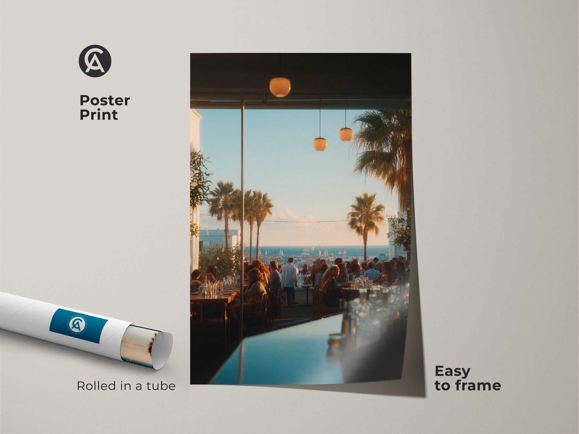 Poster print artwork of an inviting restaurant scene with palm trees. Rolled in a tube this easy to frame print brings a touch of paradise to your walls. The coastal view adds a sense of tranquility. Ideal for adding a stylish touch to any room.