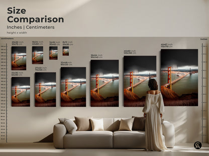 Compare sizes of Golden Gate Bridge artwork in inches and centimeters. View the art in various dimensions. Perfect for adding a San Francisco cityscape to your living room. Choose the ideal scale for your space.
