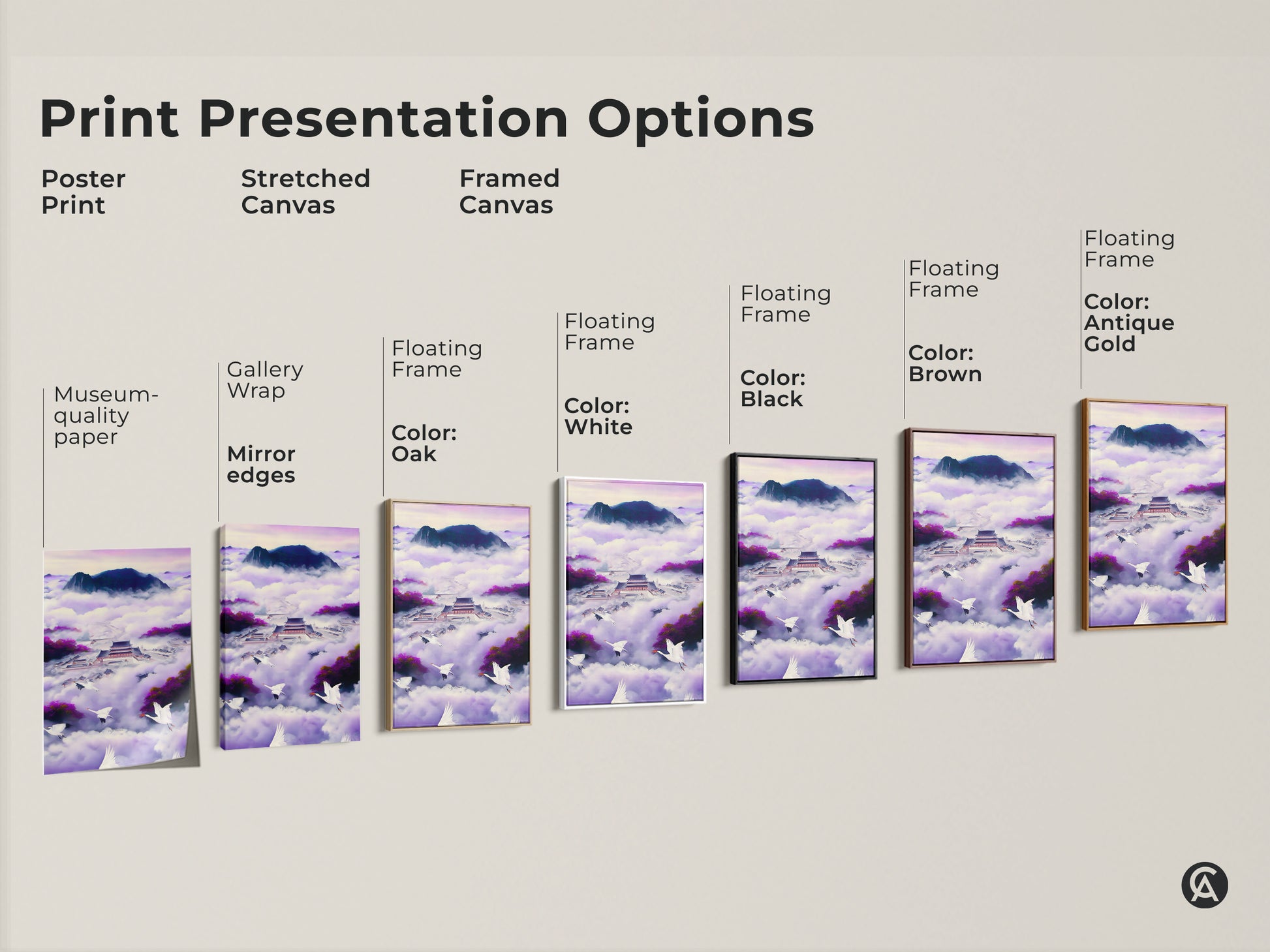 Explore print presentation options. Choices include a poster print stretched canvas and framed canvas. Each features the Ukiyo-e Japanese Palace artwork. The flying cranes canvas print and violet indigo fantasy landscape are showcased. There are color frame options available.