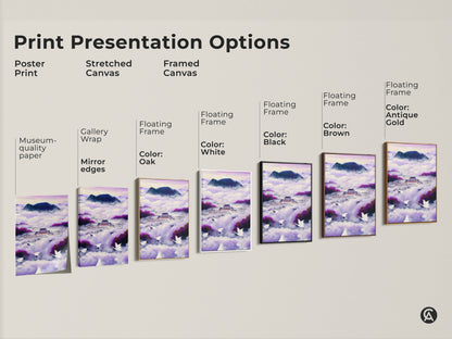 Explore print presentation options. Choices include a poster print stretched canvas and framed canvas. Each features the Ukiyo-e Japanese Palace artwork. The flying cranes canvas print and violet indigo fantasy landscape are showcased. There are color frame options available.