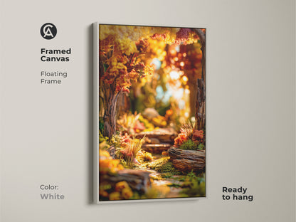 Framed canvas art print of a forest path. The floating frame is white. This landscape artwork captures the beauty of autumn. This framed canvas art is ready to hang and enjoy.