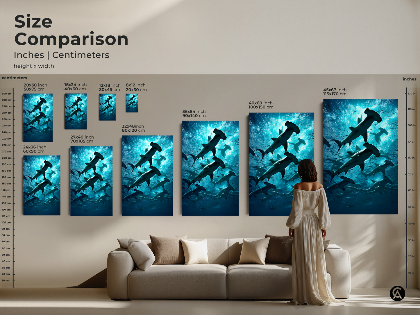 Size comparison of hammerhead shark canvas art in inches and centimeters. See how different sizes fit above a sofa. Choose the perfect scale for your contemporary or coastal living room decor.