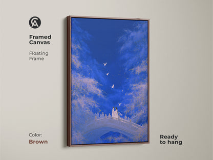 Framed canvas with a floating frame in brown. Displaying a romantic couple on a bridge. Ready to hang. Dreamy celestial sky decor in deep blue and gold tones. Perfect anniversary gift for couples.