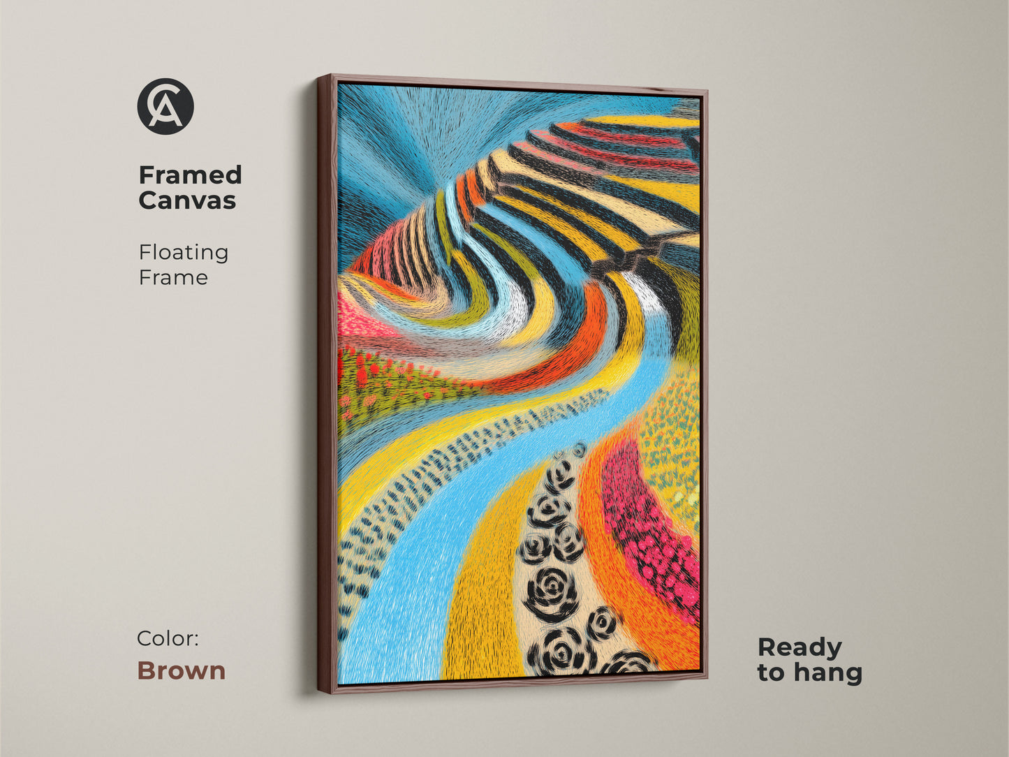 Framed canvas folk art landscape. The abstract blue river is showcased in a floating brown frame. Ready to hang this colorful artwork adds an eclectic touch. Perfect for a housewarming gift. This nature painting enhances any home. A vibrant unique wall art piece.