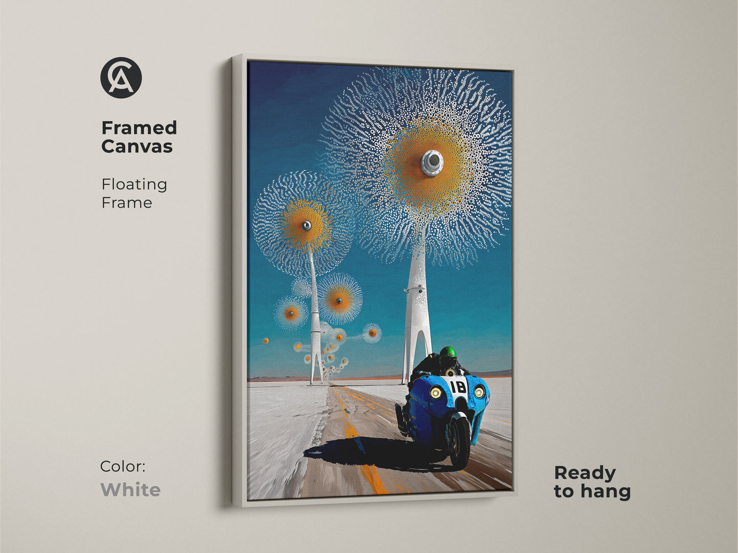 This framed canvas features a surreal motorcycle with abstract dandelion art. The white floating frame enhances this futuristic blue orange art. Ready to hang this contemporary art print adds a modern surrealism art touch to any room.