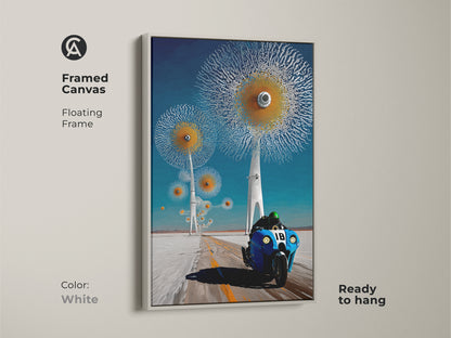 This framed canvas features a surreal motorcycle with abstract dandelion art. The white floating frame enhances this futuristic blue orange art. Ready to hang this contemporary art print adds a modern surrealism art touch to any room.