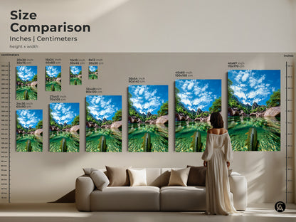 See our Size comparison Inches | Centimeters. Visualize the various sizes of our underwater fish and mountain landscape canvas art. Choose the perfect scale for your space from 20x30 to 45x67. This blue green landscape art enhances any room. Shop nature photography today.