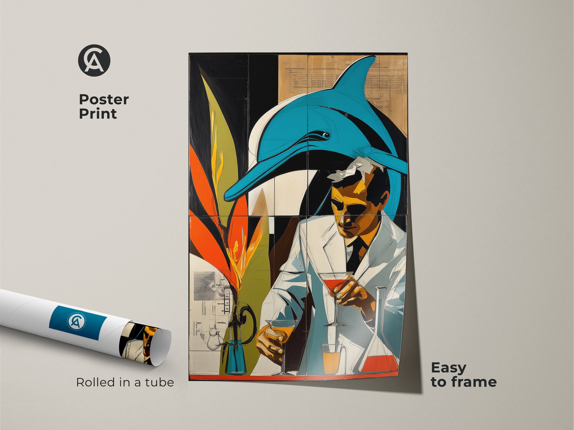 A Poster Print displays retro futurism marine life art showing a dolphin and a scientist. The teal and orange hues create an eclectic graphic novel art aesthetic. It is rolled in a tube so its easy to frame. This is unique artwork for science enthusiasts.