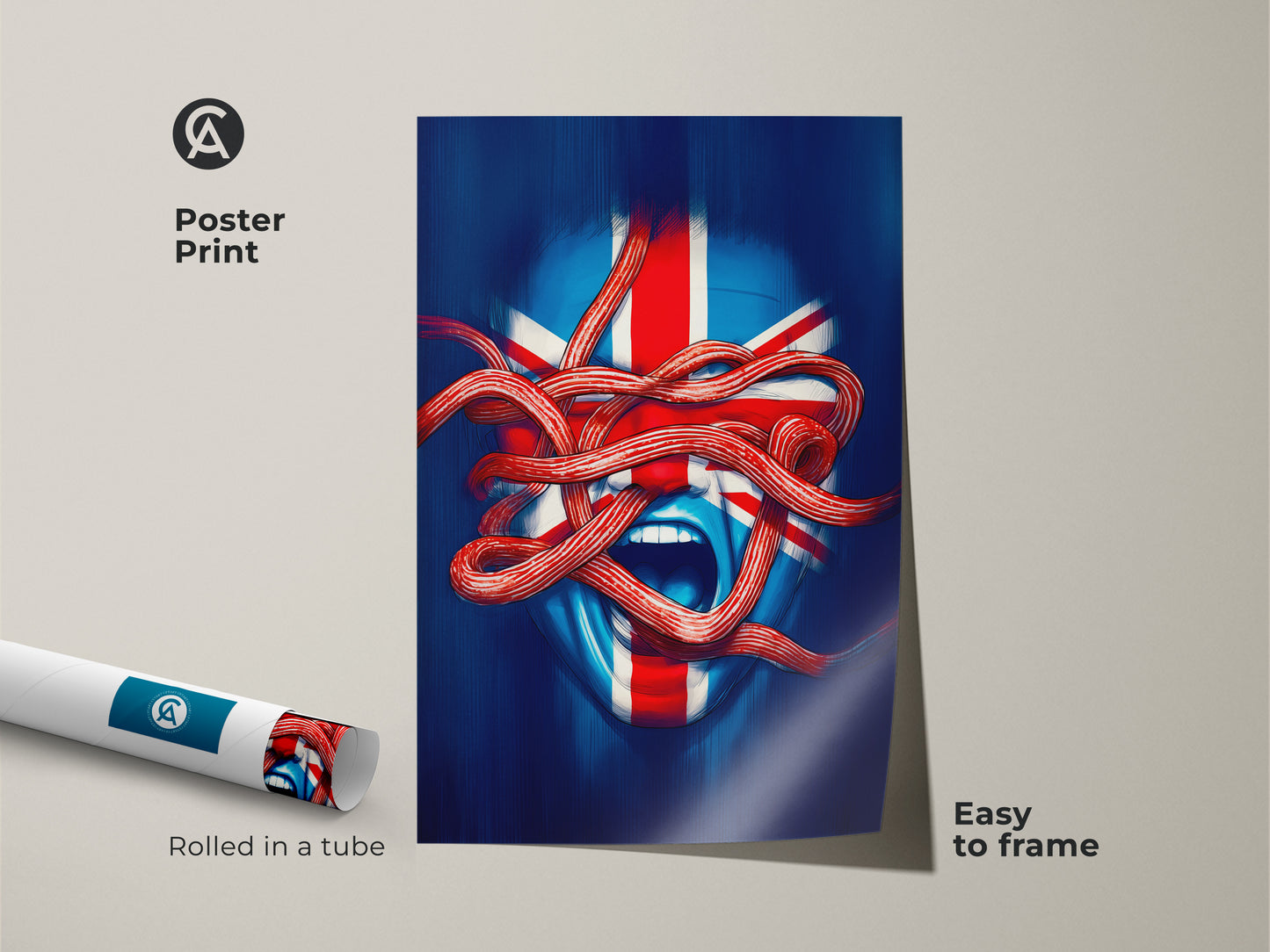 Union Jack face art poster print. Easy to frame eclectic home decor art for a study room. The surreal British art piece arrives rolled in a tube. Blue red white abstract art adds a patriotic touch.