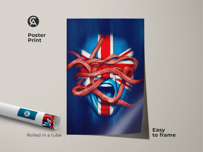 Union Jack face art poster print. Easy to frame eclectic home decor art for a study room. The surreal British art piece arrives rolled in a tube. Blue red white abstract art adds a patriotic touch.
