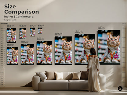 Size comparison of the orange cat doctor artwork in inches and centimeters. The artwork is displayed in various sizes above a sofa. It's funny animal art for an office and a unique veterinarian gift. Visualize the perfect fit for your home.