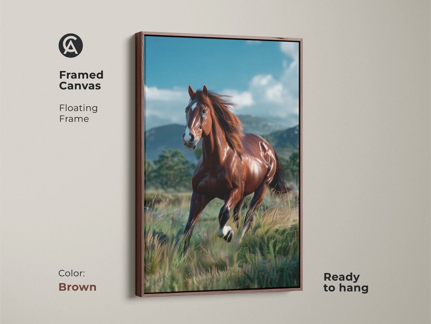 Framed canvas print with a brown floating frame showcasing a galloping horse. This equine artwork is ready to hang. The brown frame complements the horse's rich tones. Ideal for adding a touch of rustic charm to your decor. Perfect wall art for horse lovers.