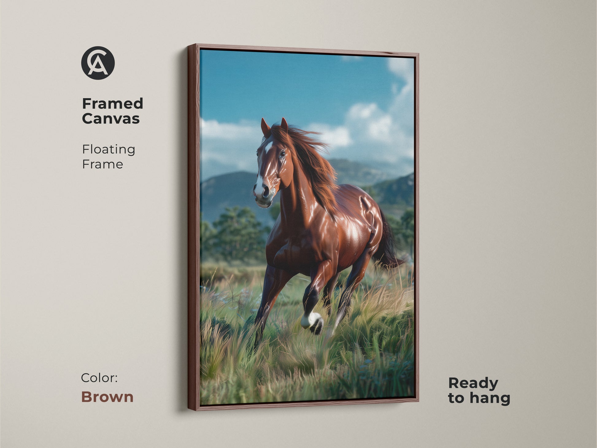 Framed canvas print with a brown floating frame showcasing a galloping horse. This equine artwork is ready to hang. The brown frame complements the horse's rich tones. Ideal for adding a touch of rustic charm to your decor. Perfect wall art for horse lovers.