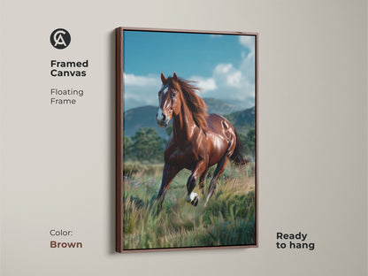 Framed canvas print with a brown floating frame showcasing a galloping horse. This equine artwork is ready to hang. The brown frame complements the horse's rich tones. Ideal for adding a touch of rustic charm to your decor. Perfect wall art for horse lovers.