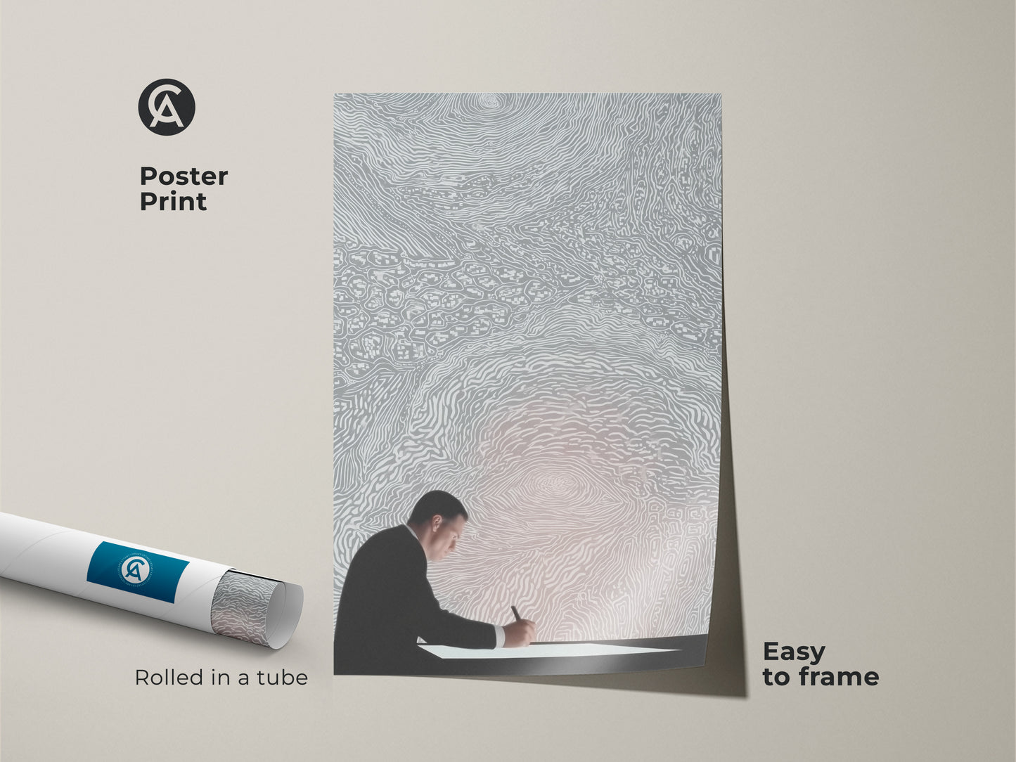 Minimalist modern office wall art rolled as a poster print. An easy to frame conceptual artwork showing a man writing. This silver white abstract decor is an artistic representation of writing perfect as a gift