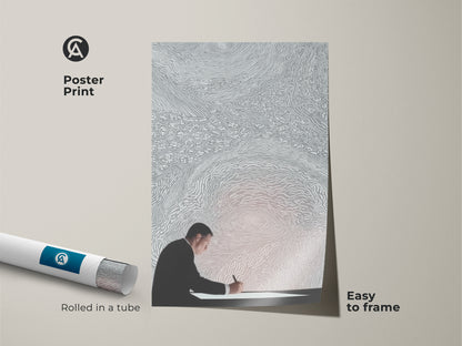 Minimalist modern office wall art rolled as a poster print. An easy to frame conceptual artwork showing a man writing. This silver white abstract decor is an artistic representation of writing perfect as a gift