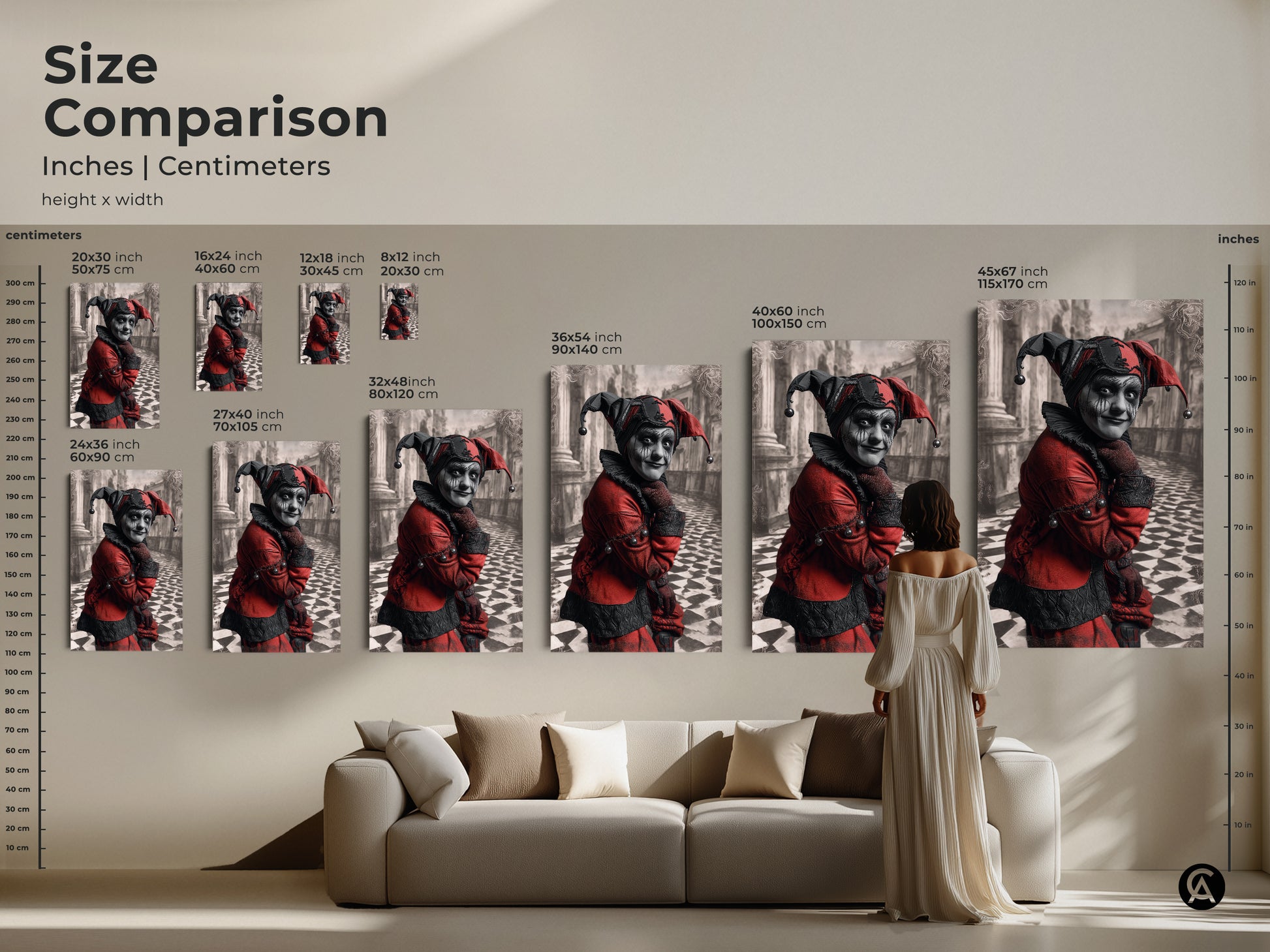 Size comparison of the gothic jester art print. Inches Centimeters for height and width. Various sizes for canvas and poster prints. Perfect for home or office wall art. A great idea for artistic gifting.
