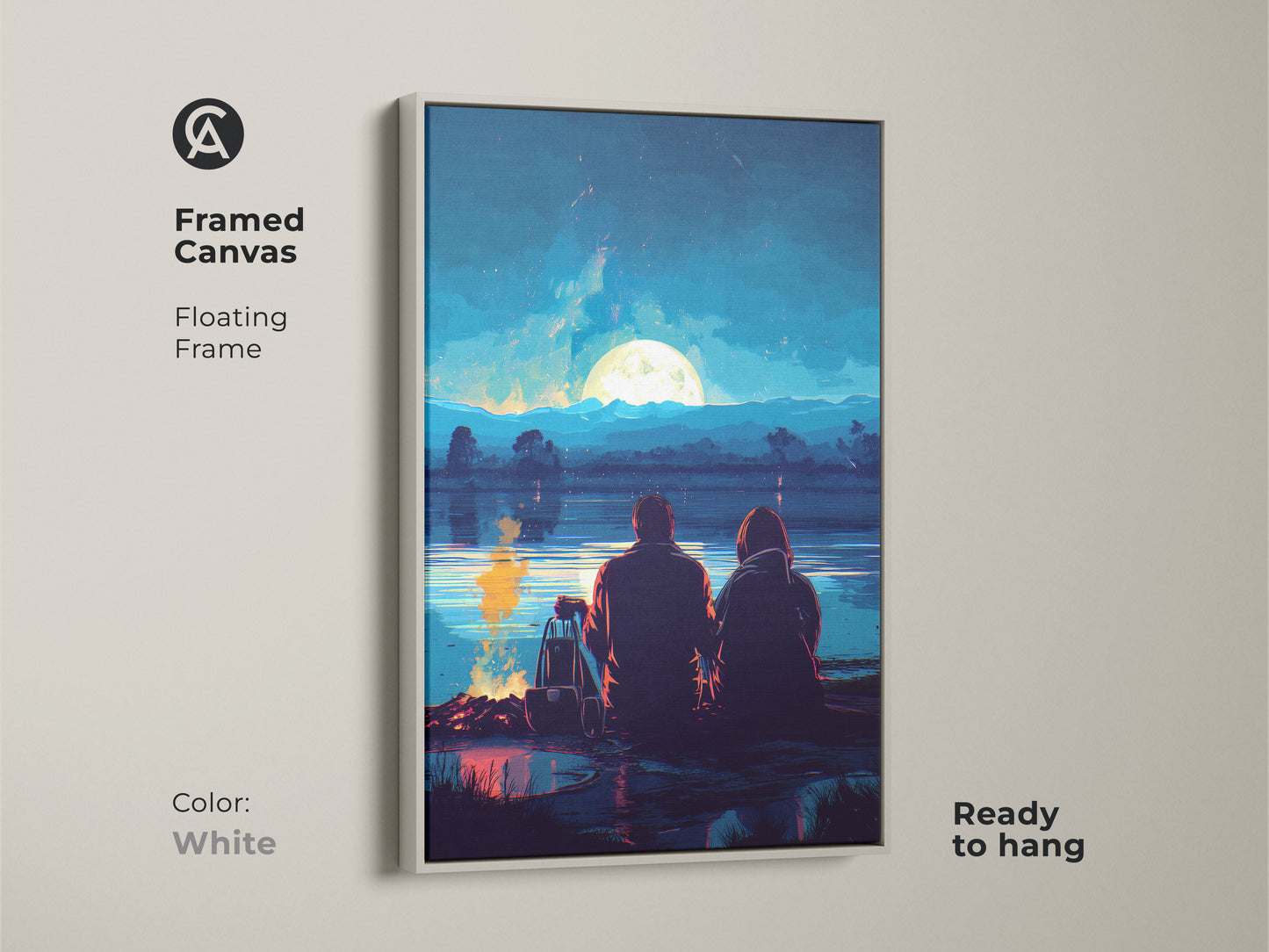 Framed canvas with a white floating frame displays couple artwork. They are camping under the full moon. This romantic anniversary gift adds to modern bedroom decor. The artwork is ready to hang.